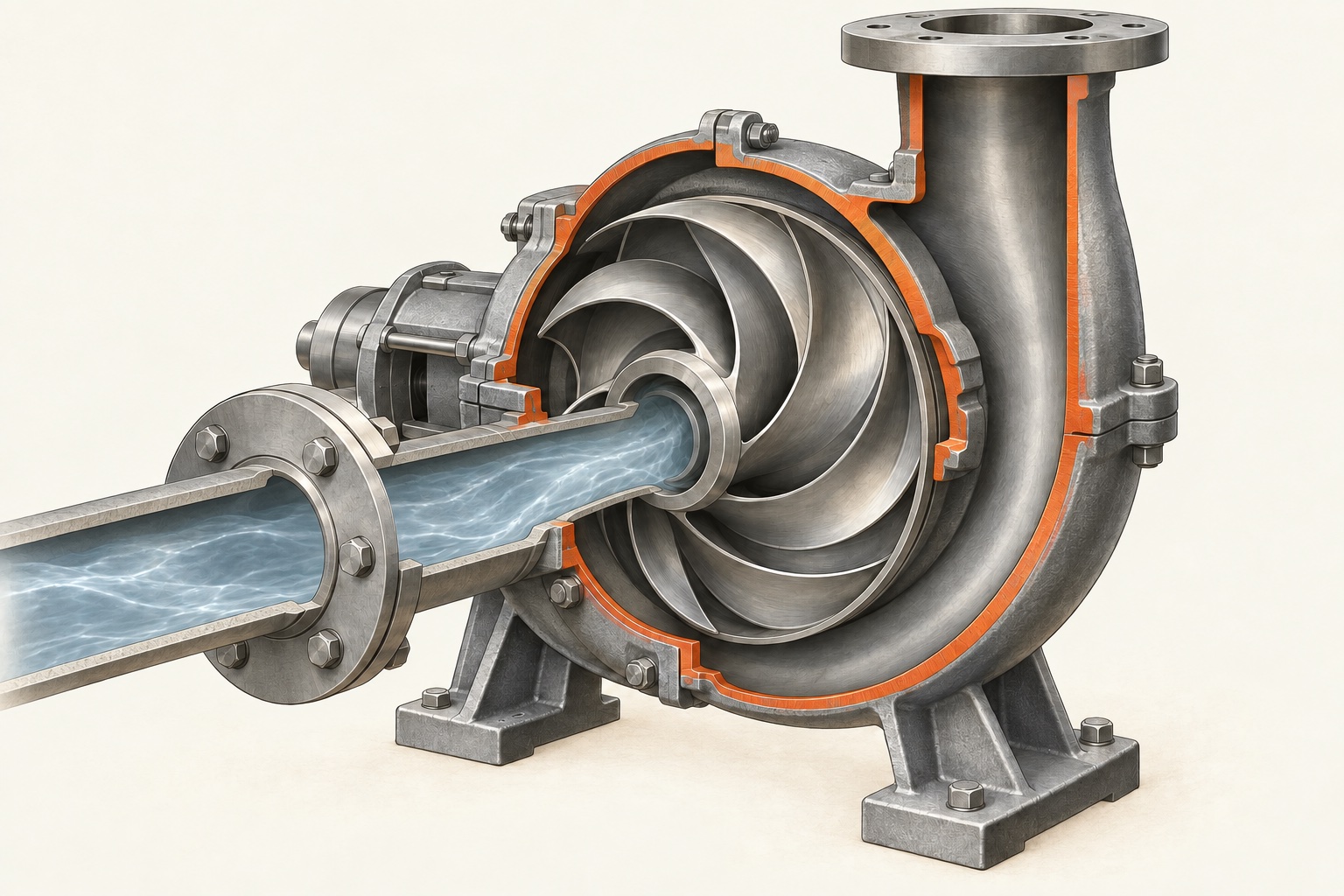 Illustrative cutaway of a centrifugal pump, showing the inlet eye, curved impeller blades and volute