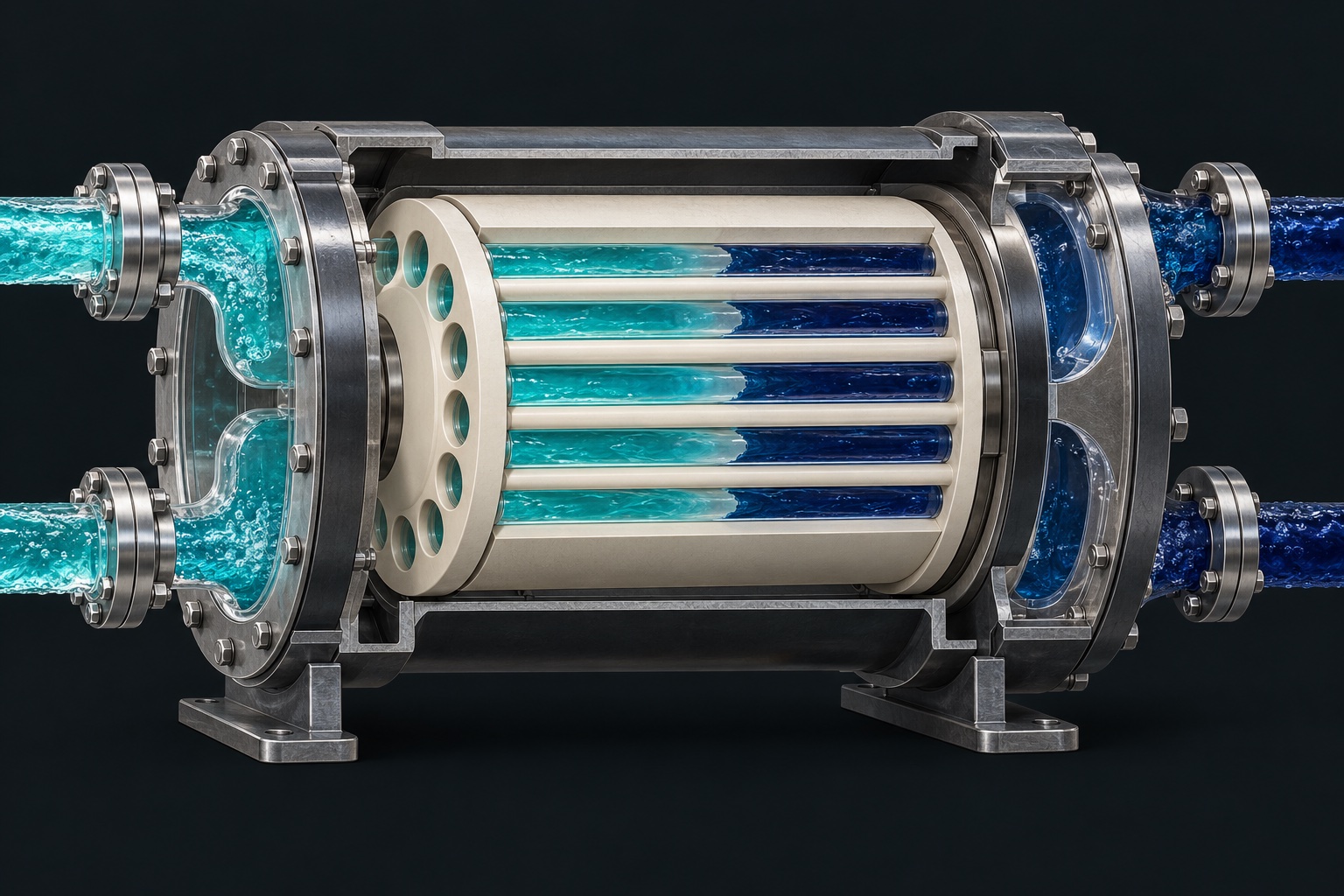 Generated conceptual cutaway of a ceramic pressure exchanger rotor, exposing straight channels with blue brine meeting turquoise feedwater.