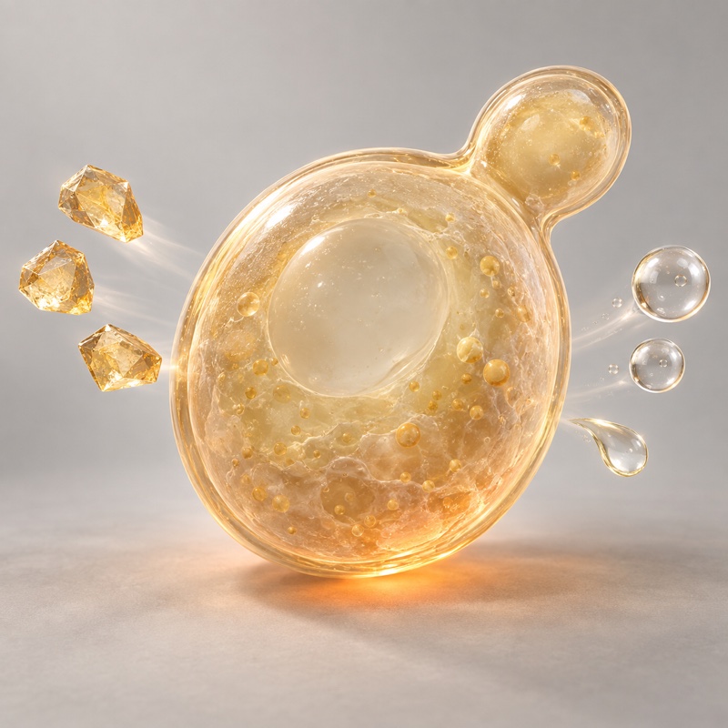 Generated educational illustration of a budding yeast cell, incoming sugar and outgoing products