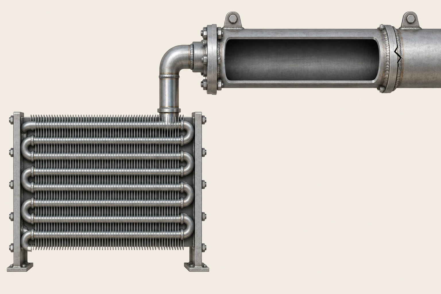 Illustrative refrigeration evaporator and suction header with a highlighted failed joint