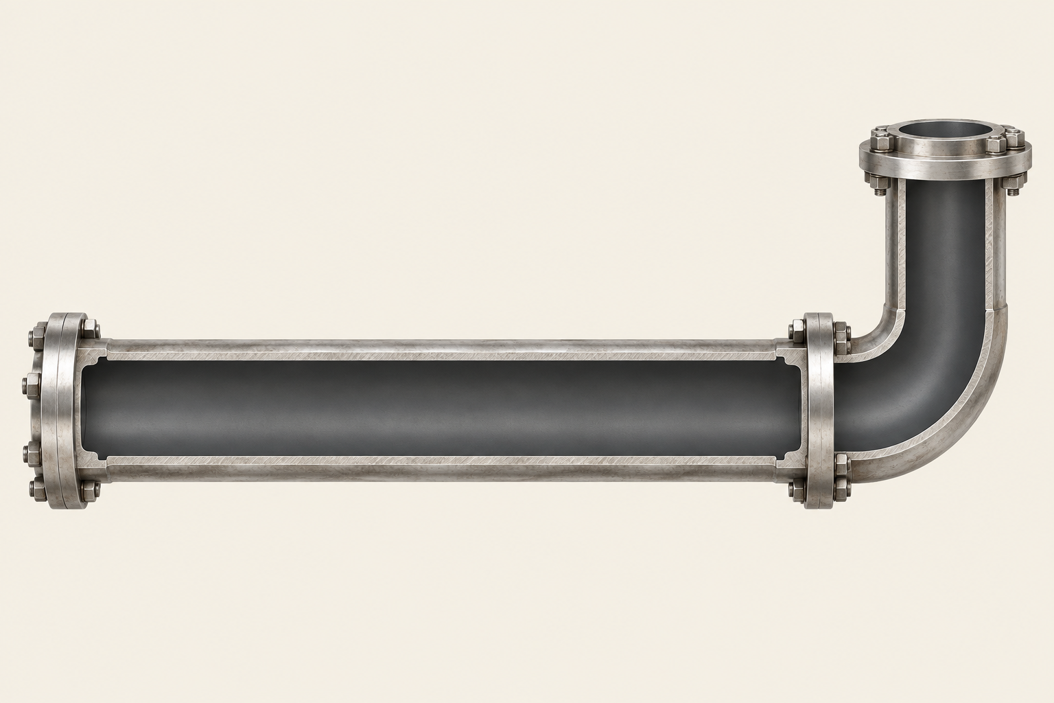 Steam main in section with an exposed elbow