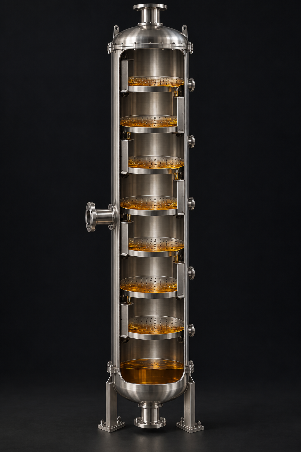 Realistic cutaway of a tray distillation column, exposing liquid on trays and alternating downcomers