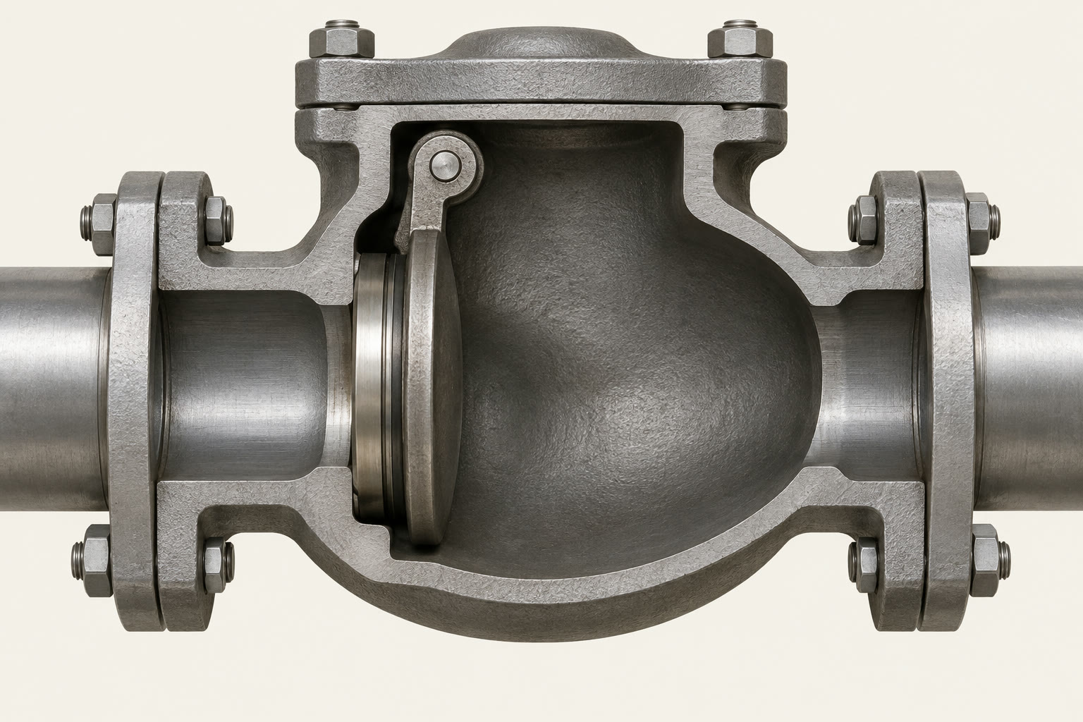 Cutaway of a swing check valve, with its disc closed against the seat and the header on the right