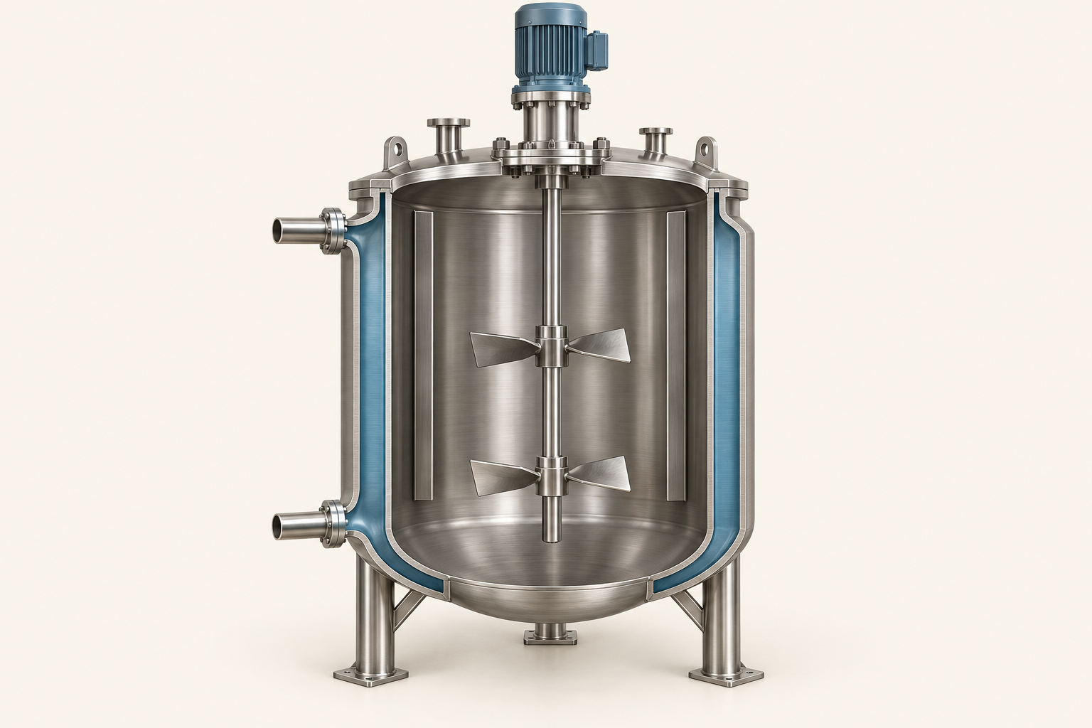 Pilot reactor cutaway exposing the agitator, baffles and cooling jacket