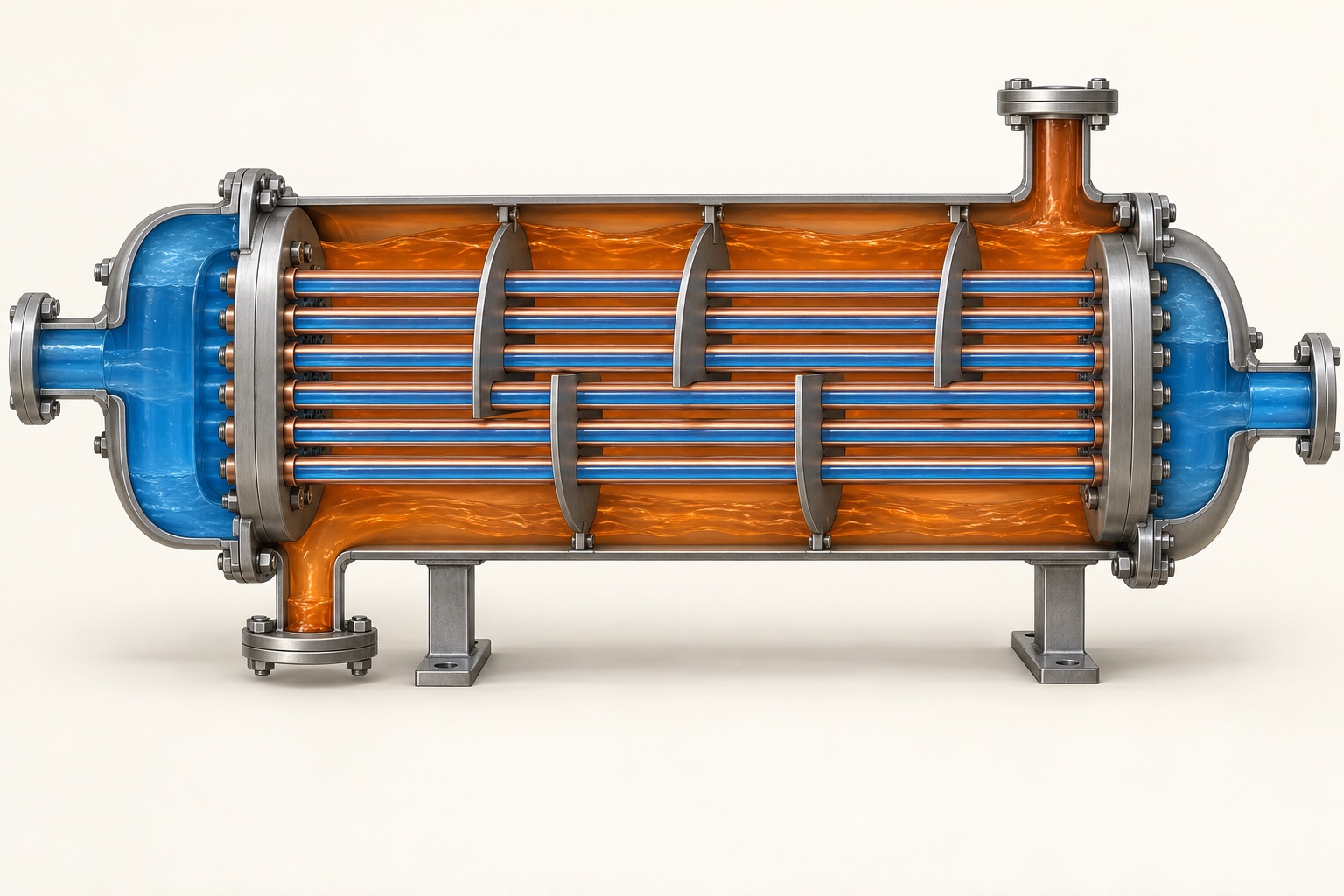 Conceptual cutaway of a shell-and-tube heat exchanger. Cooling water flows inside the tubes while a separate hot process stream surrounds them.
