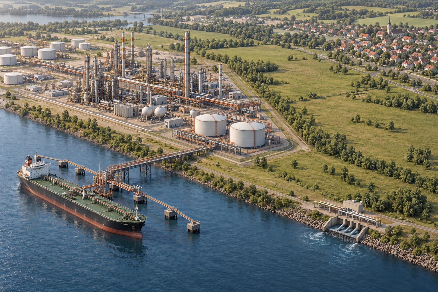 Illustrative refinery beside a river and tanker jetty, with an open green buffer between the industrial equipment and nearby homes.