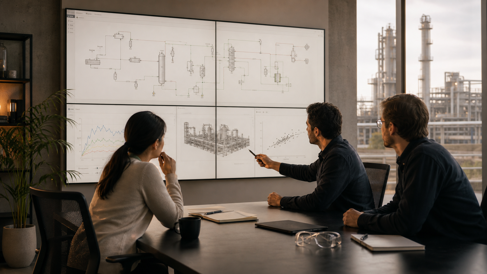 Engineering team reviewing process simulation results on a large display